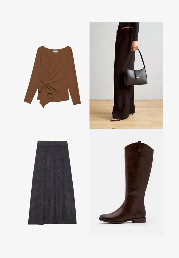 Bruine lange mouwen top met een brede halslijn en een knoopdetail aan één zijde, gemaakt van zachte, gestructureerde stof.; Donkergrijze, knielange gebreide rok met een zachte textuur en een tailleband. A-lijn silhouet met een gelijkmatige zoom, ontworpen voor comfort en veelzijdigheid.; Bruine kniehoge laarzen van soepel leer, met een ronde neus, lage gestapelde hak en een subtiel stikselpatroon langs de zijkanten.; Zwarte handtas met gestructureerde vorm, gladde textuur en een metalen sluiting. Gecombineerd met brede zwarte broeken en sandalen met open teen op een houten vloer.