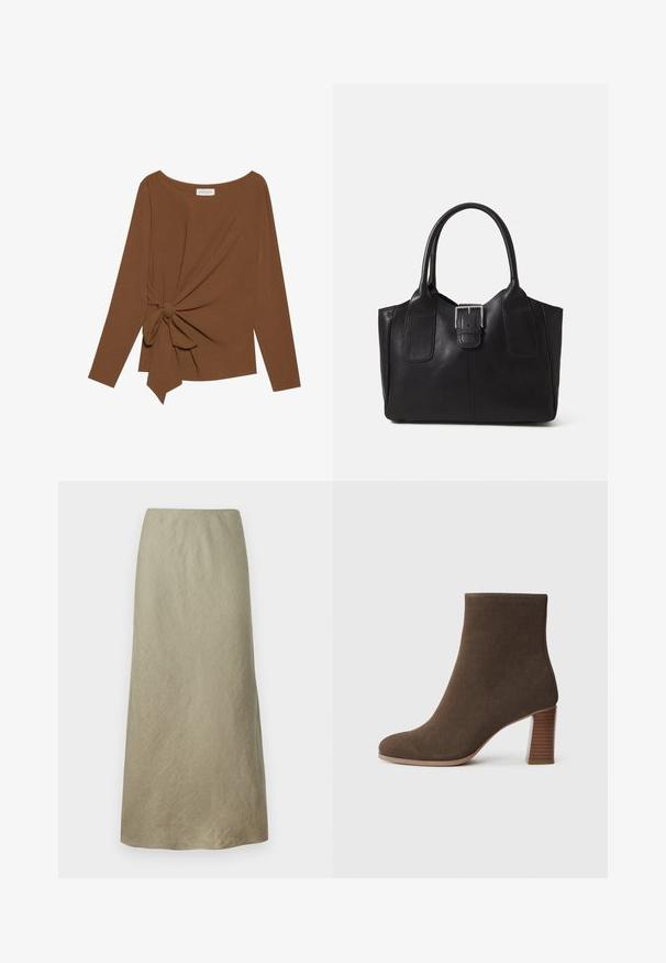 Brun langærmet top med en bred halsudskæring og en knude detalje på den ene side, lavet af blødt, tekstureret stof.; Knælang, A-line nederdel i blødt, olivengrønt stof med en subtil tekstur og uden synlige lukninger eller udsmykninger.; Brune ruskinds ankelstøvle med rund tå og en stablet, tekstureret hæl. Glat overflade uden synlige lukninger eller udsmykninger.; Sort læder tote taske med glat tekstur, struktureret form, to håndtag og en fremtrædende sølvspænde detalje på forsiden.