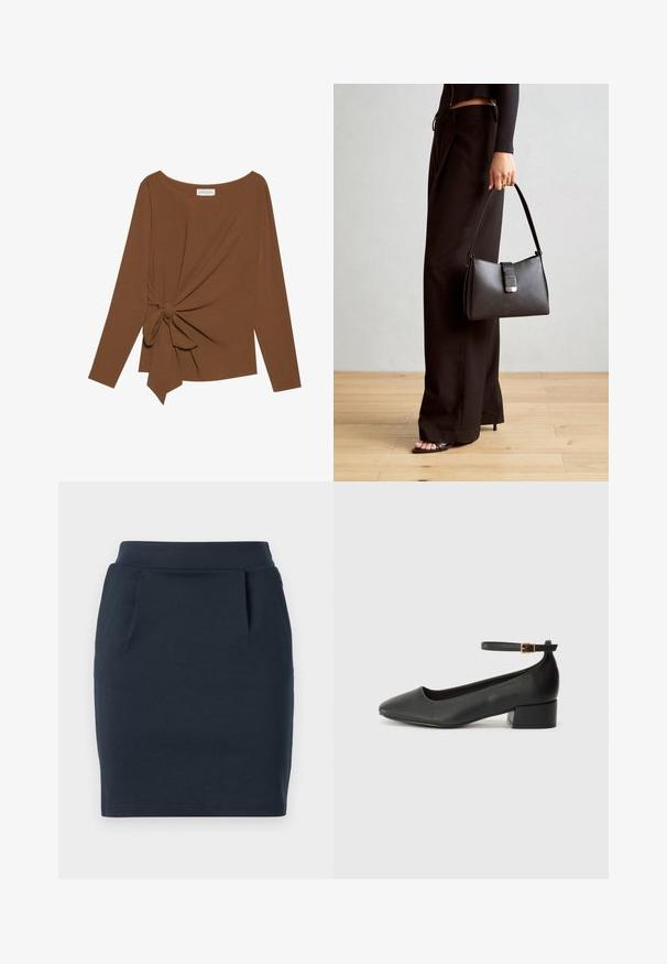 Pruuni pikad varrukad ja laia kaelusega topp, millel on ühe külje sõlmekaunistus, valmistatud pehmest ja tekstuuriga kangast.; Tumedat sinise säbraga venitusmaterjalist seelik, millel on keha lähedane siluett, sile vöökoht ja kaks esist pocketit.; Must mustaapp, millel on terav nina ja madal blokk-kand. Omab pahkluu rihma koos kuldse tooni pandlaga. Sile tekstuur.; Must musta kott, millel on struktureeritud kuju, sile tekstuur ja metallist klamber. Kombineeritud laiate mustade pükstega ja avatud varvaste sandaalidega puidust põrandal.