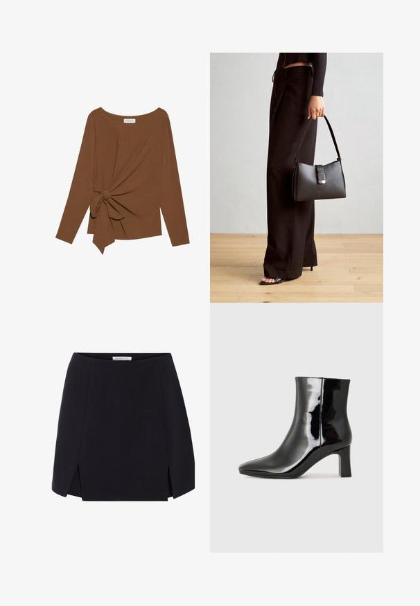 Brown long-sleeve top featuring a wide neckline and a knot detail on one side, made of soft, textured fabric.; Black a-line skirt with a smooth texture, featuring side slits and a clean, minimalist design. Label visible at the waistband.; Black patent leather ankle boot with a pointed toe and a mid-height block heel. Smooth texture and minimalist design.; Black handbag with structured shape, smooth texture, and a metallic clasp. Paired with wide black pants and open-toe sandals on wooden floor.