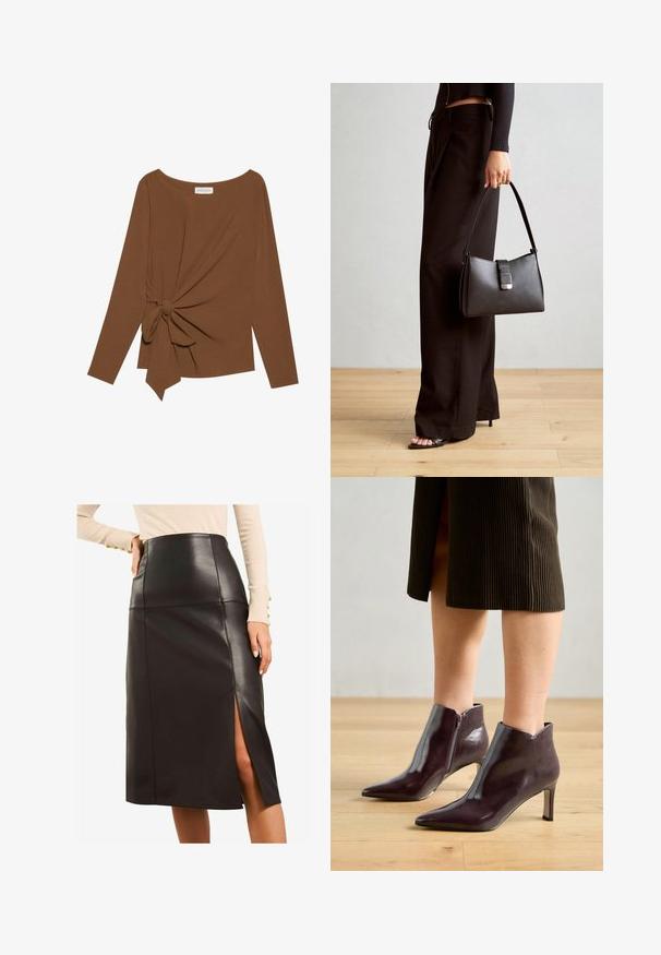 Rjava dolgosleeve majica z širokim izrezom in vozlom na eni strani, izdelana iz mehkega, teksturiranega blaga.; Črna usnjena midi krila z visokim pasom, z bočnim razporkom, elegantno zasnovo, gladko teksturo in brez vidnih kovinskih dodatkov.; Bordo usnjeni gležnjarji s koničastim nosom in vitkim petam. Imajo stranski zadrgo in gladko, sijočo teksturo.; Črna torbica z strukturirano obliko, gladko teksturo in kovinskim zaponko. Ujemajo se z širokimi črnimi hlačami in odprtimi sandali na lesenem tleh.