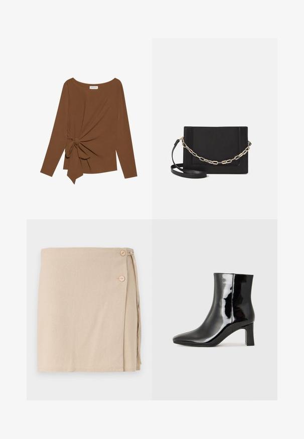 Smeđa majica dugih rukava s širokim izrezom i čvorom s jedne strane, izrađena od mekog, teksturiranog materijala.; Bež suknja omotača od mekanog materijala, s dvije drvene dugmadi i vezanom bočnom detaljem. Glatka tekstura, suknja srednje dužine.; Crne lakirane kožne gležnjače s šiljastim prstom i srednje visokom blok petom. Glatka tekstura i minimalistički dizajn.; Crna kožna torba preko tijela s glatkom teksturom, pravokutnim oblikom i metalnim lancem na prednjoj strani. Uključena je podesiva naramenica.