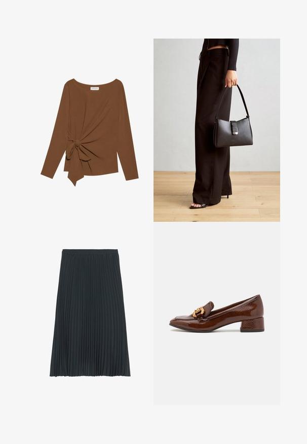 Hnědý dlouhý rukáv top s širokým výstřihem a detaily uzlu na jedné straně, vyrobený z měkké texturované látky.; Plisovaná midi sukně v tmavě šedé barvě s elastickým pasem. Obsahuje vertikální plisování po celé délce pro texturu a plynulost. Hladký povrch látky.; Hnědé kožené mokasíny s lesklým povrchem, se zdobnou zlatou sponou na přední straně a nízkým blokovým podpatkem. Klasický design.; Černá kabelka se strukturovaným tvarem, hladkým povrchem a kovovým uzávěrem. Kombinována s širokými černými kalhotami a sandály s otevřenou špičkou na dřevěné podlaze.