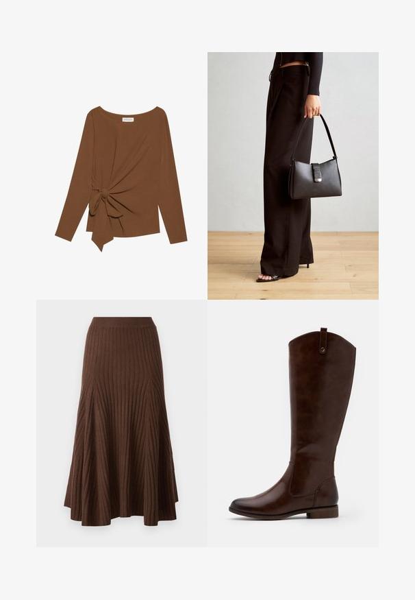 Brun langermet topp med bred hals og en knutedetalj på den ene siden, laget av mykt, teksturert stoff.; pure cashmere FLARED SKIRT - A-line skjørt - dry lotus; Brune kneehøye støvler laget av glatt lær, med rund tå, lav stablet hæl og et subtilt søm mønster langs sidene.; Svart håndveske med strukturert form, jevn tekstur og metallisk lås. Kombinert med brede svarte bukser og sandaler med åpen tå på tregulv.