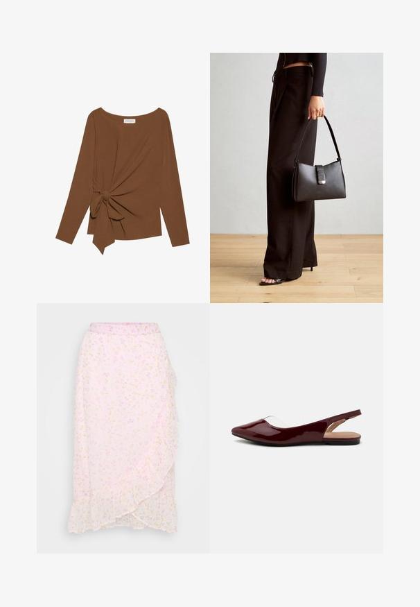 Rjava dolgosleeve majica z širokim izrezom in vozlom na eni strani, izdelana iz mehkega, teksturiranega blaga.; Vero Moda Petite VMSMILLA WRAP SKIRT - Ovito krilo - pink a boo/aura; Burgundski patenti slingback baletni čevlji s koničastim nosom, prozornim izrezi in črnim ravnim podplatom. Gladka tekstura, minimalističen dizajn.; Črna torbica z strukturirano obliko, gladko teksturo in kovinskim zaponko. Ujemajo se z širokimi črnimi hlačami in odprtimi sandali na lesenem tleh.
