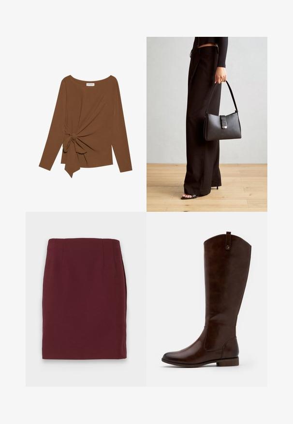 Καφέ μπλούζα με μακριά μανίκια, με πλατιά λαιμόκοψη και λεπτομέρεια κόμπου στη μία πλευρά, φτιαγμένη από μαλακό, υφασματοποιημένο ύφασμα.; Κάπα φούστα μπαρντό μέχρι το γόνατο, με λεία υφή και διακριτές ραφές στη μέση, εμφανίζεται σε λευκό φόντο.; Καφέ μπότες μέχρι το γόνατο φτιαγμένες από λείο δέρμα, με στρογγυλή μύτη, χαμηλό κωνικό τακούνι και διακριτό σχέδιο ραφής κατά μήκος των πλευρών.; Μαύρη τσάντα χειρός με δομημένο σχήμα, λεία υφή και μεταλλικό κούμπωμα. Συνδυασμένη με φαρδιά μαύρα παντελόνια και σανδάλια ανοιχτής μύτης πάνω σε ξύλινο πάτωμα.