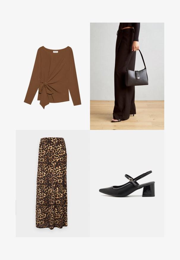 Brun langermet topp med bred hals og en knutedetalj på den ene siden, laget av mykt, teksturert stoff.; Maxikjole med leopardmønster laget av myk stoff, med bred elastisk midje, i toner av svart og brun med en flytende design.; Sorte lakk lær slingback hæler med spiss tå, et avrundet utskjæringsdesign og blokkheel. Har en gulltone spenne som detalj.; Svart håndveske med strukturert form, jevn tekstur og metallisk lås. Kombinert med brede svarte bukser og sandaler med åpen tå på tregulv.