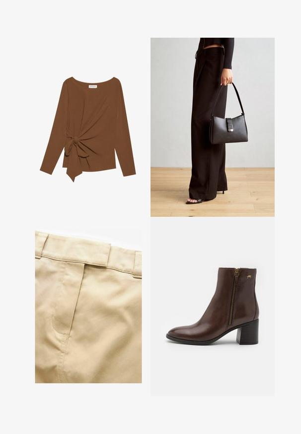 Brūna garām piedurknēm topa, kas izceļas ar plašu dekoltē un mezglu detaļu vienā pusē, izgatavota no mīkstas, teksturētas auduma.; Next UTILITY REGULAR FIT - Maksi svārki - stone; Brūnas ādas potīšu zābaki ar noapaļotu purngalu, sānu rāvējslēdzēju ar zelta detaļām un kvadrātveida papēdi, kuram ir teksturēts raksts.; Melnā somiņa ar strukturētu formu, gludu tekstūru un metālu sprādzi. Saskaņota ar platām melnām biksēm un sandālēm ar atvērtu purngalu uz koka grīdas.