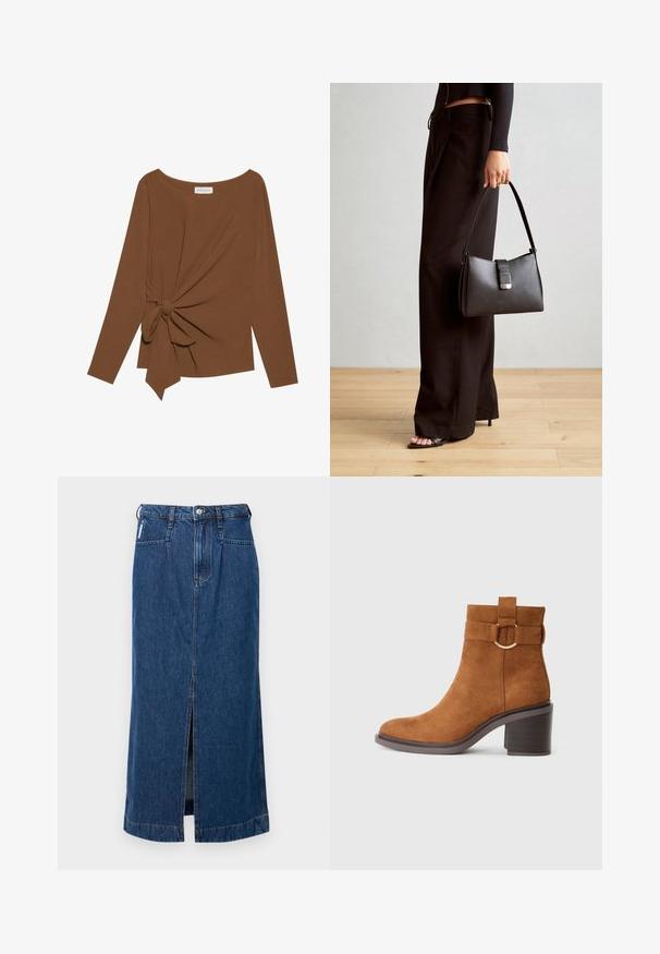 Cămașă lungă maro cu mâneci lungi, având un decolteu larg și un detaliu nod pe o parte, confecționată dintr-un material moale, texturat.; Fustă midi din denim de culoare albastră închisă, cu o crăpătură frontală, design cu cinci buzunare și bucle pentru curea la talie. Textură netedă și robustă.; Botine din suede maro, cu vârf rotunjit, toc bloc și o curea decorativă cu detaliu în formă de cataramă circulară.; Genți negre cu o formă structurată, textură netedă și un închizător metalic. Asortată cu pantaloni negri largi și sandale cu vârf deschis pe un podea din lemn.