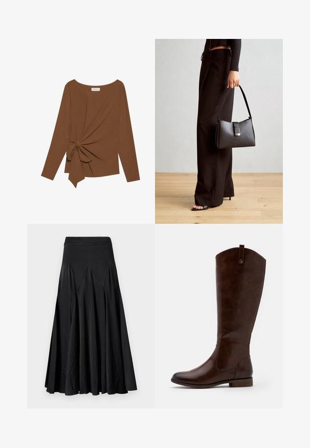 Brauner Langarm-Top mit weitem Ausschnitt und Knoten-Detail auf einer Seite, aus weichem, strukturiertem Stoff.; Schwarzer ausgestellter Rock mit elastischem Bund, hergestellt aus einem glatten Stoff, der Faltendetails für zusätzliche Textur und Bewegungsfreiheit aufweist.; Braune kniehohe Stiefel aus glattem Leder, mit runder Zehenform, niedrigem Blockabsatz und einem dezente Stichmuster an den Seiten.; Schwarze Handtasche mit strukturierter Form, glatter Textur und einem metallischen Verschluss. Kombiniert mit weiten schwarzen Hosen und offenen Sandalen auf einem Holzboden.
