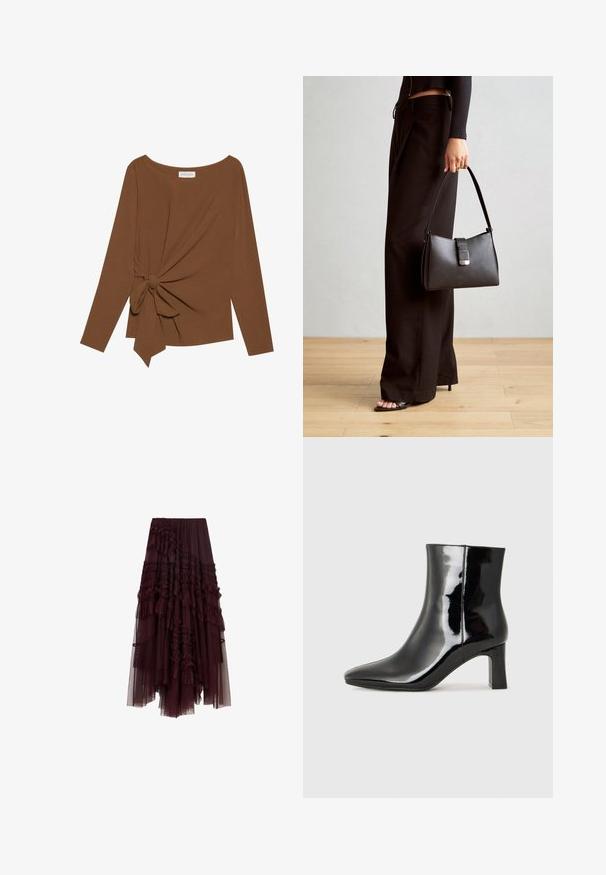 Brun langermet topp med bred hals og en knutedetalj på den ene siden, laget av mykt, teksturert stoff.; Burgunderfarget tylskjørt med volanger, elastisk midje og varierende lengder, med en myk, lett tekstur.; Sorte patentlær ankle boot med spiss tå og en mellomhøy blokkhelt. Glatt tekstur og minimalistisk design.; Svart håndveske med strukturert form, jevn tekstur og metallisk lås. Kombinert med brede svarte bukser og sandaler med åpen tå på tregulv.