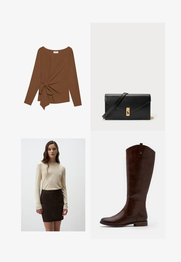 Brązowy, długi rękaw top z szerokim dekoltem i węzełkowym detalem po jednej stronie, wykonany z miękkiego, teksturowanego materiału.; Beżowa dzianinowa bluzka z długim rękawem w połączeniu z dopasowaną brązową mini spódnicą. Bluzka ma prążkowaną teksturę, a spódnica posiada kieszenie z przodu.; Brązowe botki za kolano wykonane z gładkiej skóry, z zaokrąglonym noskiem, niskim, klejonym obcasem oraz subtelnym wzorem przeszyć po bokach.; Czarny skórzany portfel z klapą, złotą okuciami, z akcentem logo. Zawiera odpinany pasek do noszenia.
