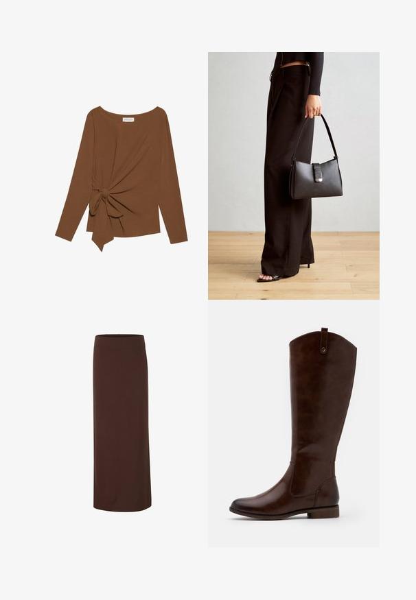 Brūna garām piedurknēm topa, kas izceļas ar plašu dekoltē un mezglu detaļu vienā pusē, izgatavota no mīkstas, teksturētas auduma.; Kastanijas krāsas midi svārki, izgatavoti no gludas auduma, ar pieguļošu jostasvietu un taisnu siluetu, bez redzamām rakstu vai akcentiem.; Brūni līdz ceļiem zābaki, kas izgatavoti no gludas ādas, ar noapaļotu purngalu, zemu sakrautu papēdi un smalku šuvju rakstu gar sāniem.; Melnā somiņa ar strukturētu formu, gludu tekstūru un metālu sprādzi. Saskaņota ar platām melnām biksēm un sandālēm ar atvērtu purngalu uz koka grīdas.