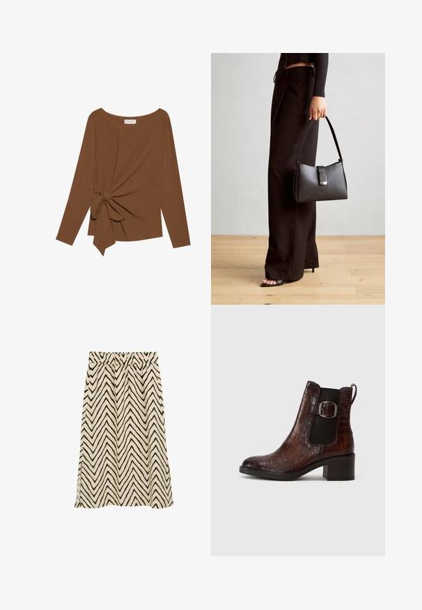 Brauner Langarm-Top mit weitem Ausschnitt und Knoten-Detail auf einer Seite, aus weichem, strukturiertem Stoff.; Beige Rock mit elastischem Bund und dunkelbraunen Zickzackstreifen; leichtes Material mit leicht strukturiertem Griff; seitliche Schlitze für zusätzlichen Bewegungsspielraum.; Tamaris Stiefelette - cognac; Schwarze Handtasche mit strukturierter Form, glatter Textur und einem metallischen Verschluss. Kombiniert mit weiten schwarzen Hosen und offenen Sandalen auf einem Holzboden.