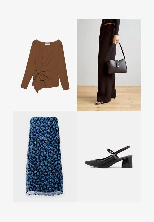 Barna, hosszú ujjú felső, széles nyakkivágással és az egyik oldalon csomó részlettel, puha, texturált anyagból készült.; Tengerkék virágmintás szoknya világoskék százszorszép mintákkal, áttetsző anyagból, hullámos szegéllyel és egyenes szabással.; Fekete lakk bőr, pántos magassarkú cipő, hegyes orral, lekerekített kivágással és tömbsarkal. Arany színű csat díszíti.; Fekete kézi táska strukturált formával, sima textúrával és fémből készült záródással. Széles fekete nadrággal és nyitott orrú szandállal párosítva, fából készült padlón.