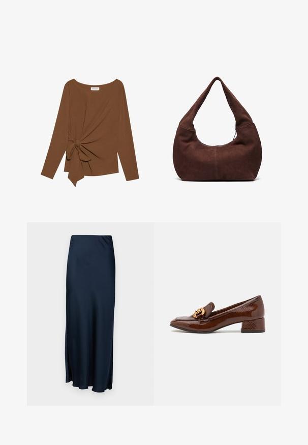 Ruda ilga rankovė viršutinė dalis su plačiu iškirpimu ir mazgo detale vienoje pusėje, pagaminta iš minkštos, tekstūruotos medžiagos.; Lindex SKIRT MARY - Maksi sijonas - navy blue; Rudos odinės loafer'iai su blizgiu paviršiumi, dėlionis auksinis užsegimas priekyje ir žemas blokinis kulnas. Klasikinis dizainas.; Ruda suedinė hobo rankinė su išlenktu plačiu rankenos dizainu ir didele atidarymo angą. Minkšta tekstūra su matomomis siuvimo detalėmis palei kraštus.