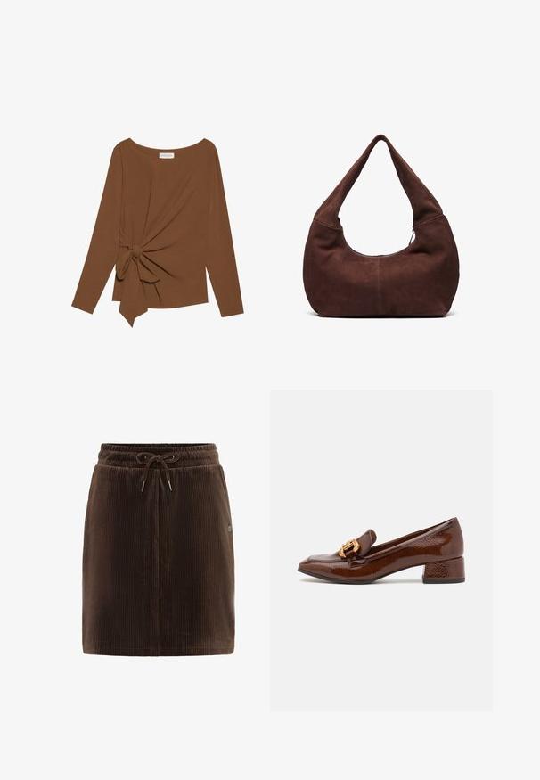T-shirt brun à manches longues avec un col large et un détail de nœud sur un côté, fabriqué dans un tissu doux et texturé.; Jupe en velours côtelé marron avec une taille élastique et un cordon de serrage. Présente une texture à côtes verticales et un petit accent en métal avec logo.; Mocassins en cuir marron avec une finition brillante, dotés d'une boucle décorative en or à l'avant et d'un talon bas. Design classique.; Sac hobo en daim marron avec une poignée large et incurvée et une grande ouverture. Texture douce avec des détails de couture visibles le long des bords.