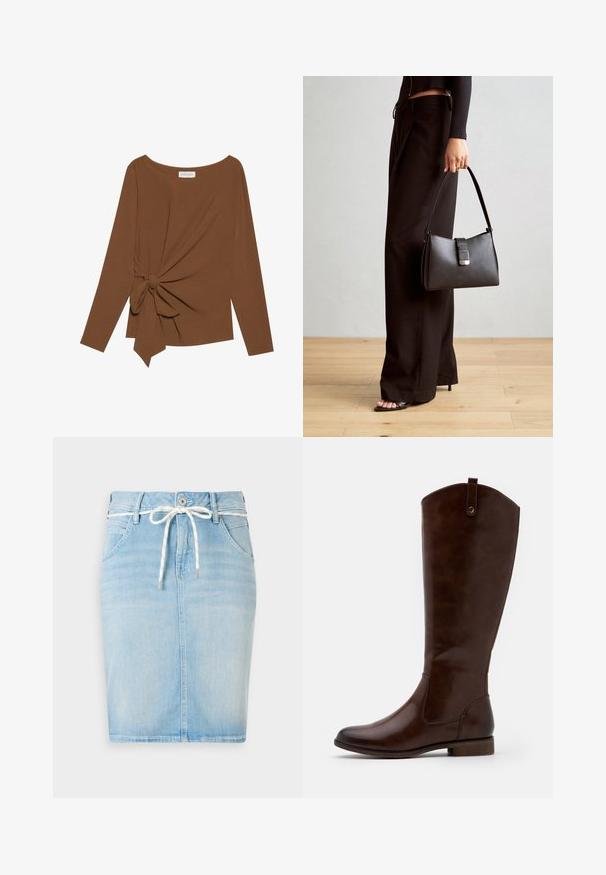 Barna, hosszú ujjú felső, széles nyakkivágással és az egyik oldalon csomó részlettel, puha, texturált anyagból készült.; Világoskék farmer szoknya húzózsinóros derékkal, öt zsebbel és egyenes sziluettel. Finom, elhalványult minta jellemzi.; Barna, térdig érő csizmák sima bőrből, lekerekített orral, alacsony, rakott sarokkal és diszkrét varrással az oldalán.; Fekete kézi táska strukturált formával, sima textúrával és fémből készült záródással. Széles fekete nadrággal és nyitott orrú szandállal párosítva, fából készült padlón.
