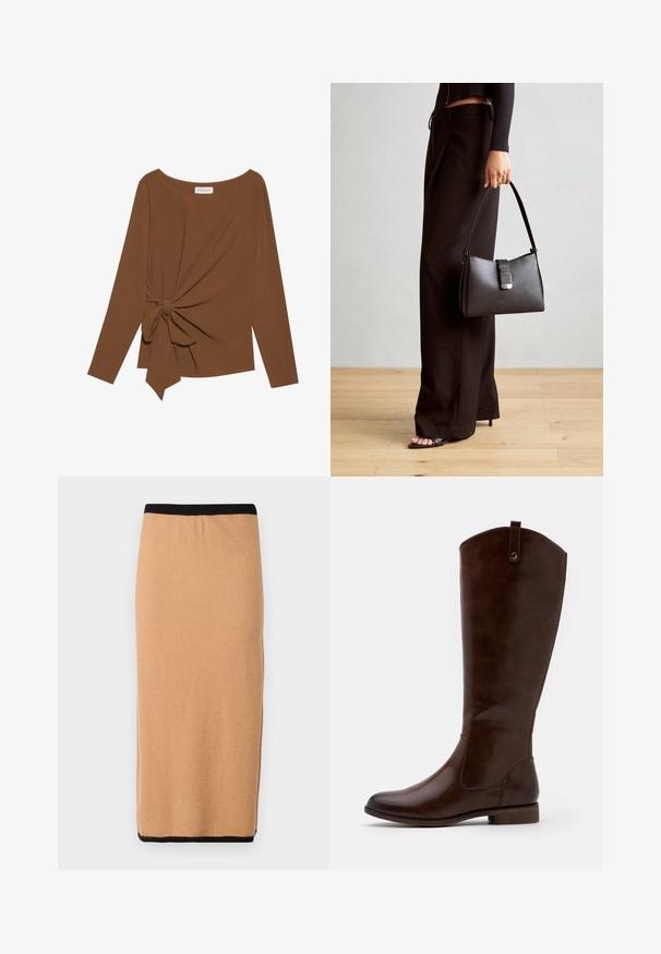 Brūna garām piedurknēm topa, kas izceļas ar plašu dekoltē un mezglu detaļu vienā pusē, izgatavota no mīkstas, teksturētas auduma.; Knee garuma, kamieņu krāsas adīta svārki ar melnu elastīgu jostu un gludu tekstūru. Vienkāršs dizains, bez redzamām rakstām vai akcentiem.; Brūni līdz ceļiem zābaki, kas izgatavoti no gludas ādas, ar noapaļotu purngalu, zemu sakrautu papēdi un smalku šuvju rakstu gar sāniem.; Melnā somiņa ar strukturētu formu, gludu tekstūru un metālu sprādzi. Saskaņota ar platām melnām biksēm un sandālēm ar atvērtu purngalu uz koka grīdas.