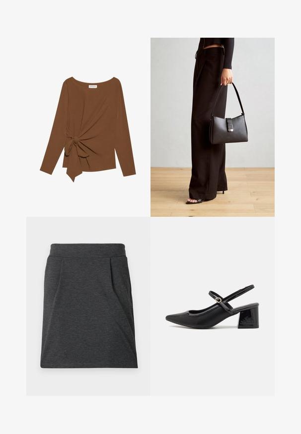 Bruine lange mouwen top met een brede halslijn en een knoopdetail aan één zijde, gemaakt van zachte, gestructureerde stof.; Donkergrijze stoffen rok met een aansluitende tailleband, voorzien van plooien voor extra textuur. Rechte snit, minimale stikseldetails en geen patronen.; Zwarte gepolijste leren slingback hakken met een spitse neus, een ronde uitsnede en een blokhak. Voorzien van een gouden gespaccent.; Zwarte handtas met gestructureerde vorm, gladde textuur en een metalen sluiting. Gecombineerd met brede zwarte broeken en sandalen met open teen op een houten vloer.