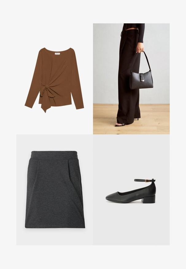 Barna, hosszú ujjú felső, széles nyakkivágással és az egyik oldalon csomó részlettel, puha, texturált anyagból készült.; Sötétszürke szövet szoknya, illeszkedő derékkal, redőkkel a textúra fokozása érdekében. Egyenes szabású, minimális varrási részletekkel, minta nélkül.; Fekete bőr magassarkú cipő hegyes orral és alacsony tömb sarkal. Bokapánttal rendelkezik, aranyszínű csattal. Simább textúra.; Fekete kézi táska strukturált formával, sima textúrával és fémből készült záródással. Széles fekete nadrággal és nyitott orrú szandállal párosítva, fából készült padlón.