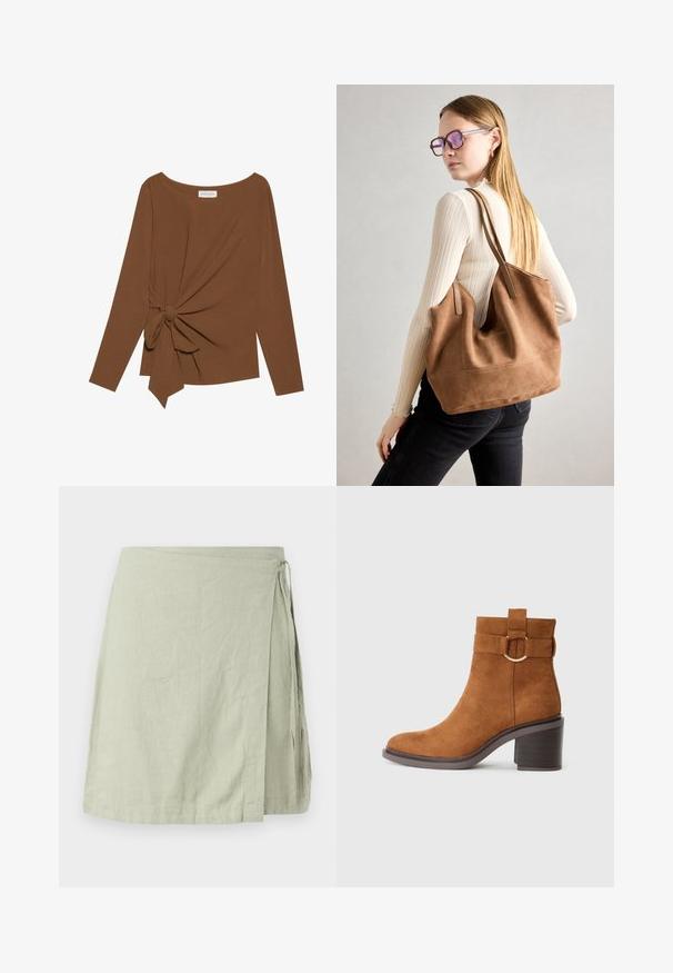 Καφέ μπλούζα με μακριά μανίκια, με πλατιά λαιμόκοψη και λεπτομέρεια κόμπου στη μία πλευρά, φτιαγμένη από μαλακό, υφασματοποιημένο ύφασμα.; Φούστα τύπου περιτυλίγματος κατασκευασμένη από ελαφρύ, υφάσματος με υφή σε απαλό πράσινο χρώμα, με κλείσιμο με κορδώνι στο πλάι και ευθείες μύτες.; Καφέ σουέτ μποτάκι αστραγάλου με στρογγυλή μύτη, τετράγωνο τακούνι και διακοσμητική ταινία με κυκλικό κούμπωμα.; Καστανή σουέτ τσάντα ώμου με μαλακή υφή, μεγάλη άνοιγμα και μακριά λουριά. Διαθέτει απλό σχέδιο με ορατά ραψίματα και χωρίς μεταλλικά στοιχεία.