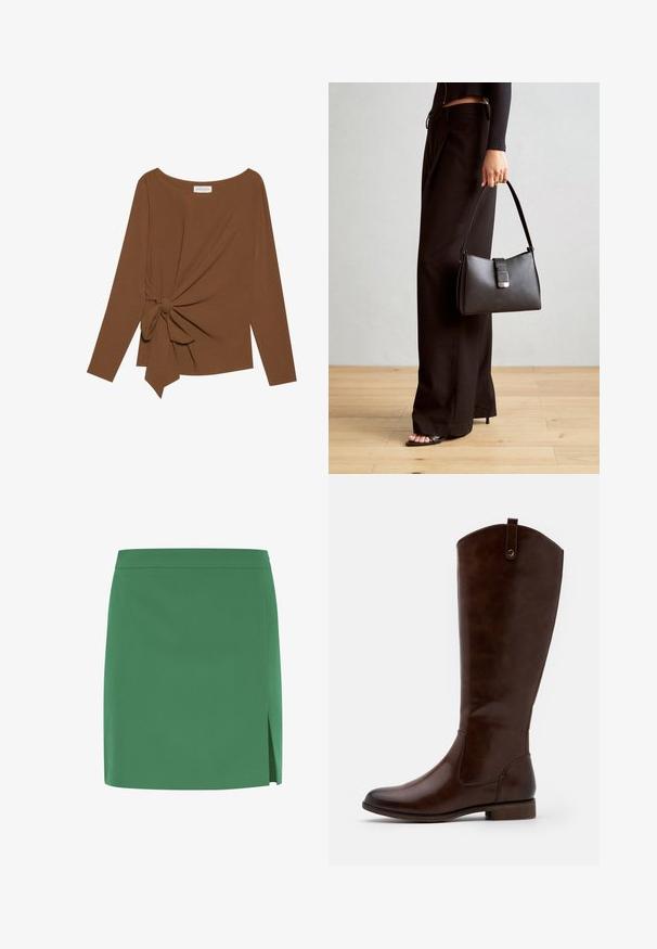 Barna, hosszú ujjú felső, széles nyakkivágással és az egyik oldalon csomó részlettel, puha, texturált anyagból készült.; Zöld mini szoknya sima textúrával, egyenes fazonnal és oldalsó részel a további részletekhez. Egyszerű, díszítés nélküli dizájn.; Barna, térdig érő csizmák sima bőrből, lekerekített orral, alacsony, rakott sarokkal és diszkrét varrással az oldalán.; Fekete kézi táska strukturált formával, sima textúrával és fémből készült záródással. Széles fekete nadrággal és nyitott orrú szandállal párosítva, fából készült padlón.