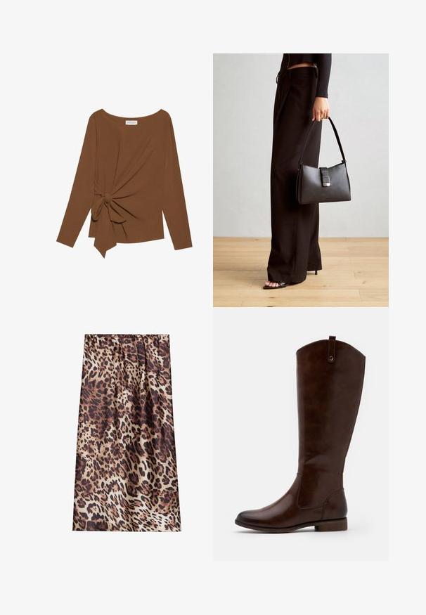 Ruda ilga rankovė viršutinė dalis su plačiu iškirpimu ir mazgo detale vienoje pusėje, pagaminta iš minkštos, tekstūruotos medžiagos.; Leopardų rašto audinys su rudais ir juodais taškais ant šviesiai rudos fono, minkšta tekstūra ir susiraukšlėjęs juosmens dizainas.; Rudi iki iki iki tamsiai rudos odos, su apvaliu kojų pirštu, žemu storžieviu kulnu ir subtilia siūlų rašto linija šonuose.; Juodas rankinė struktūrizuota forma, lygi tekstūra ir metalinis užsegimas. Suporuota su plačiomis juodomis kelnėmis ir atvirais bateliais ant medinių grindų.