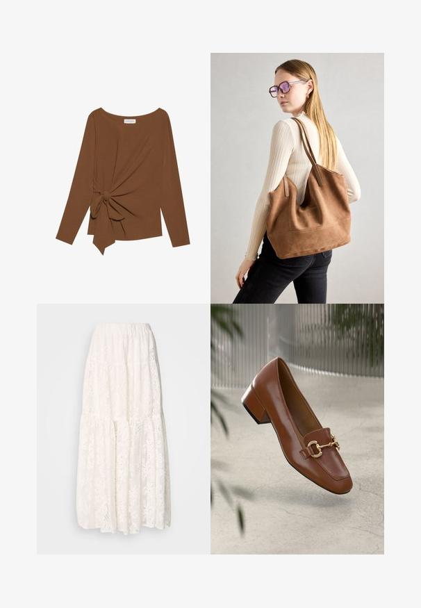 Bruine lange mouwen top met een brede halslijn en een knoopdetail aan één zijde, gemaakt van zachte, gestructureerde stof.; Witte maxi rok van kant met een gelaagde ontwerpelement, elastische tailleband en complexe bloemmotieven door het geheel. Lichtgewicht en gestructureerde stof.; Bruine lakleren loafer met vierkante neus, metallic kettingaccent en lage blokhak; gladde textuur, minimalistisch ontwerp.; Bruine suède totebag met zachte textuur, grote opening en lange hengsels. Het heeft een eenvoudig ontwerp met zichtbare stiksels en geen hardware.