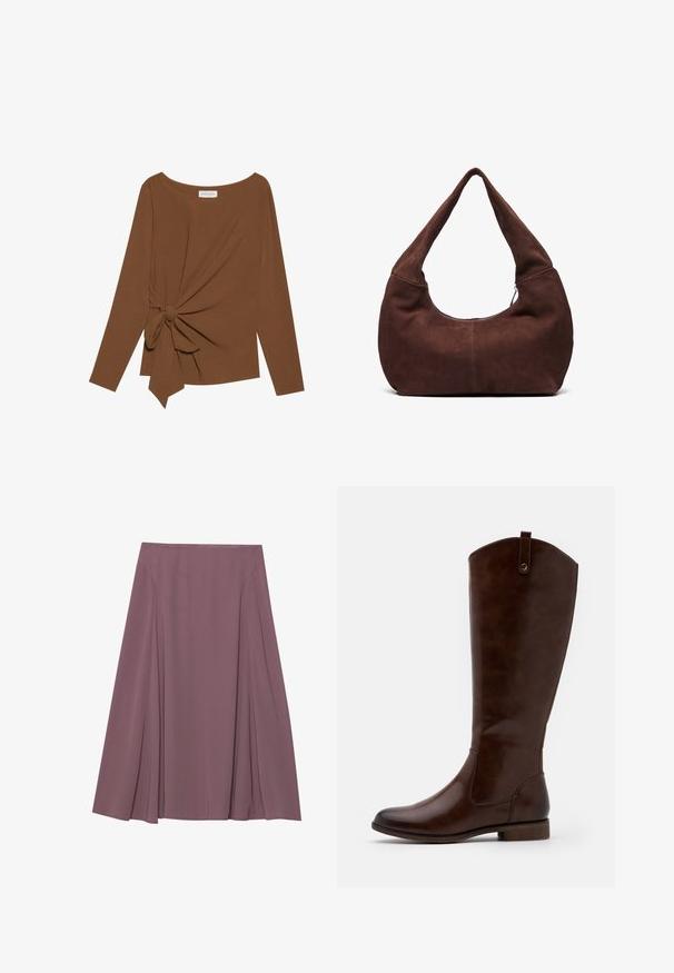 Bruine lange mouwen top met een brede halslijn en een knoopdetail aan één zijde, gemaakt van zachte, gestructureerde stof.; Een knie-lange rok in een gedempte mauve kleur, gemaakt van lichte stof met een geplooid design en een gladde textuur. Geen zichtbare sluitingen.; Bruine kniehoge laarzen van soepel leer, met een ronde neus, lage gestapelde hak en een subtiel stikselpatroon langs de zijkanten.; Bruin suède hobo tas met een gebogen, brede handgreep en een grote opening. Zachte textuur met zichtbare stiksels langs de randen.