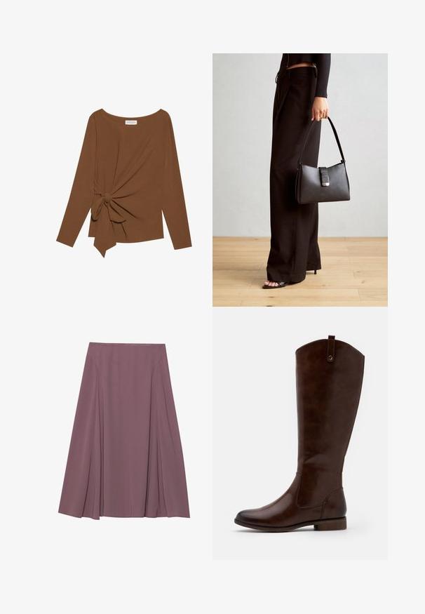 Hnedý dlhý rukáv top s širokým výstrihom a uzlom na jednej strane, vyrobený z mäkkej textúrovanej látky.; Sukňa po kolená v jemnej fialovej farbe, vyrobená z ľahkého materiálu s plisovaným dizajnom a hladkým povrchom. Žiadne viditeľné zapínanie.; Hnedé čižmy po kolená vyrobené z hladkej kože, s okrúhlou špičkou, nízkym zúženým podpätkom a jemným prešívaním pozdĺž strán.; Čierna kabelka so štruktúrovaným tvarom, hladkou textúrou a kovovou sponou. V kombinácii so širokými čiernymi nohavicami a sandálmi s otvorenou špičkou na drevenej podlahe.
