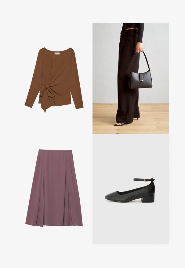 Top marrón de manga larga con un escote amplio y un detalle de nudo en un lado, hecho de una tela suave y texturizada.; Una falda hasta la rodilla en un color malva apagado, hecha de una tela ligera con un diseño plisado y una textura suave. Sin cierres visibles.; Zapato de tacón negro de cuero con punta afilada y tacón bajo cuadrado. Presenta una correa para el tobillo con una hebilla en tono dorado. Textura suave.; Bolso negro con forma estructurada, textura suave y un cierre metálico. Combinado con pantalones anchos negros y sandalias de dedo en un suelo de madera.