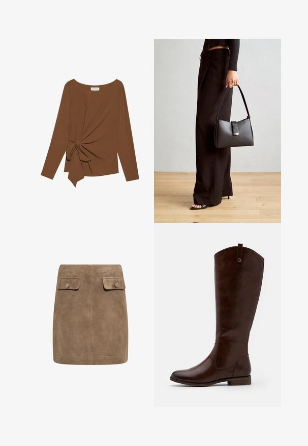 Rjava dolgosleeve majica z širokim izrezom in vozlom na eni strani, izdelana iz mehkega, teksturiranega blaga.; Rjava semi krila iz jasnega sued materiala z gladko teksturo, ki imata spredaj dva žepa z flapom in gumbom na vsaki strani. Preprost, raven dizajn.; Rjave škornje do kolen, izdelane iz gladkega usnja, z zaobljenim nosom, nizkim naloženim peto in diskretnim šivanim vzorcem ob straneh.; Črna torbica z strukturirano obliko, gladko teksturo in kovinskim zaponko. Ujemajo se z širokimi črnimi hlačami in odprtimi sandali na lesenem tleh.