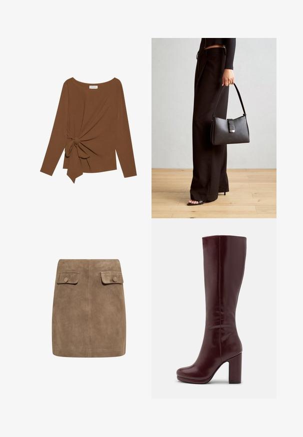 Brown long-sleeve top featuring a wide neckline and a knot detail on one side, made of soft, textured fabric.; Brown suede mini skirt with a smooth texture, featuring two front flap pockets and button closures on each side. Simple, straight design.; Anna Field High heeled boots - red; Black handbag with structured shape, smooth texture, and a metallic clasp. Paired with wide black pants and open-toe sandals on wooden floor.