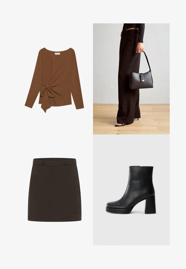 Brūna garām piedurknēm topa, kas izceļas ar plašu dekoltē un mezglu detaļu vienā pusē, izgatavota no mīkstas, teksturētas auduma.; Brūns mini svārki, kas izgatavoti no gludas auduma. Iezīmēts ar pieguļošu vidukli un divām pogām priekšpusē. Vienkāršs dizains, bez rakstiem vai papildu akcentiem.; Melna ādas potīšu zābaku ar bloku papēdi un platformas zoli, skatīts no sāna uz vienkārša balta fona.; Melnā somiņa ar strukturētu formu, gludu tekstūru un metālu sprādzi. Saskaņota ar platām melnām biksēm un sandālēm ar atvērtu purngalu uz koka grīdas.