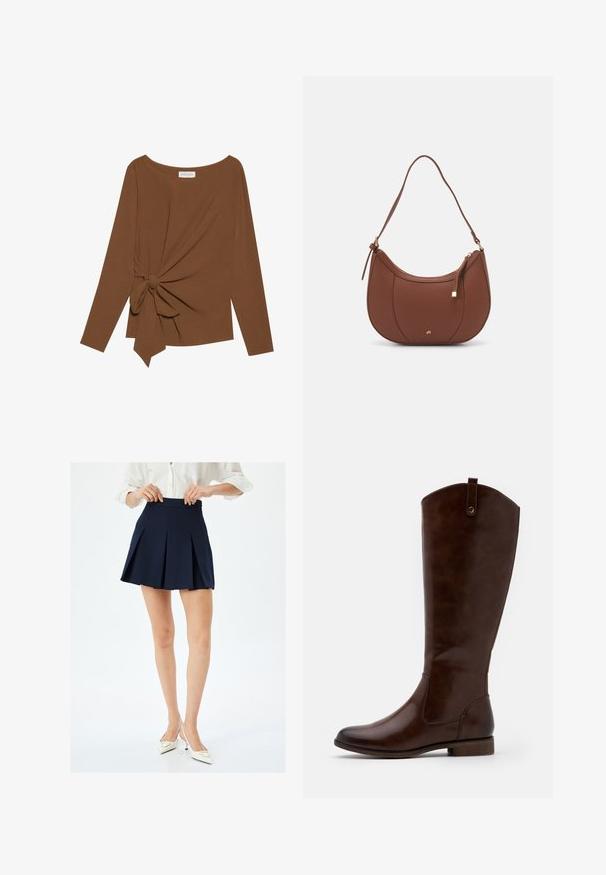 Brun langærmet top med en bred halsudskæring og en knude detalje på den ene side, lavet af blødt, tekstureret stof.; Mørkeblå plisseret nederdel med høj talje og glat tekstur, har skarpe knivplisseringer og minimalistisk design. Bæres med hvide hæle.; Brune knæhøje støvler lavet af glat læder, med rund tå, lav stablet hæl og et subtilt sømme mønster langs siderne.; Brun faux læder skuldertaske med buet form, minimal syning og en guldtonet hardwaredetalje. Har en top lynlåslukning og justerbar rem.