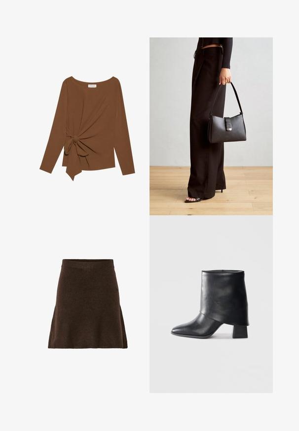 Brun langermet topp med bred hals og en knutedetalj på den ene siden, laget av mykt, teksturert stoff.; Brun strikket skjørt med en utvidet form, som har en bred elastisk midjebånd og en myk tekstur. Ingen synlige mønstre eller hardvare detaljer.; Sorte lær ankle boot med spiss tå, glatt tekstur og en strukturert blokkhæl. Har et høyt, brettet mansjett-design.; Svart håndveske med strukturert form, jevn tekstur og metallisk lås. Kombinert med brede svarte bukser og sandaler med åpen tå på tregulv.