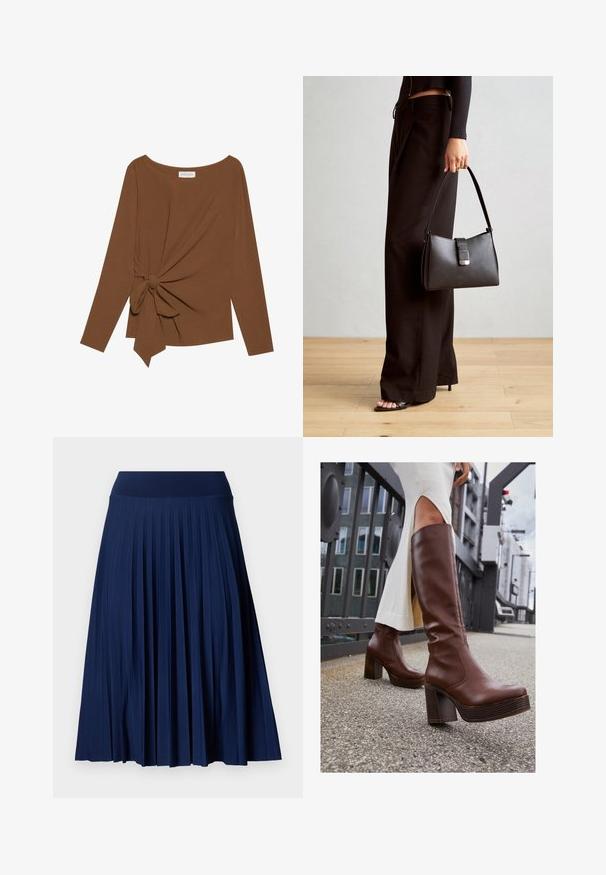 Καφέ μπλούζα με μακριά μανίκια, με πλατιά λαιμόκοψη και λεπτομέρεια κόμπου στη μία πλευρά, φτιαγμένη από μαλακό, υφασματοποιημένο ύφασμα.; Ναυτικό πλισέ φούστα με φαρδύ λάστιχο, κατασκευασμένη από λεία ύφανση. Διαθέτει κάθετες πιέτες και φτάνει μέχρι το μέσο μόλις κάτω από το γόνατο.; mtng NEW  - Μπότες πλατφόρμα - moka; Μαύρη τσάντα χειρός με δομημένο σχήμα, λεία υφή και μεταλλικό κούμπωμα. Συνδυασμένη με φαρδιά μαύρα παντελόνια και σανδάλια ανοιχτής μύτης πάνω σε ξύλινο πάτωμα.