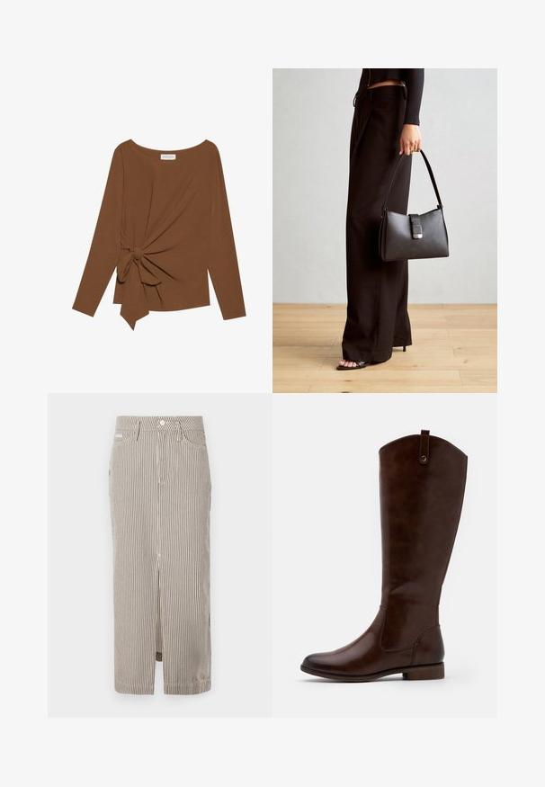 Smeđa majica dugih rukava s širokim izrezom i čvorom s jedne strane, izrađena od mekog, teksturiranog materijala.; Prugasta midi suknja u svijetlo bež i tamno smeđoj boji, izrađena od pamuka, s prednjim prorezom i petljama za remen. Klasičan dizajn i kroj koji prati liniju tijela.; Smeđe čizme do koljena od glatke kože, sa zaobljenim vrhom, niskom slojevitom potpeticom i suptilnim uzorkom šavova duž strana.; Crna torba s oblikom koji sadrži strukturu, glađu teksturu i metalnu kopču. Uparena s širokim crnim hlačama i sandalama na otvorenom s drvenog poda.