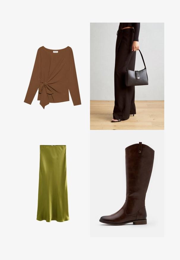 T-shirt brun à manches longues avec un col large et un détail de nœud sur un côté, fabriqué dans un tissu doux et texturé.; Next REGULAR FIT - Jupe longue - khaki green; Bottes marron jusqu'aux genoux en cuir lisse, avec un bout arrondi, un petit talon empilé et un subtil motif de couture sur les côtés.; Sac à main noir à la forme structurée, texture lisse et fermoir métallique. Associé à un pantalon noir ample et des sandales ouvertes sur un sol en bois.