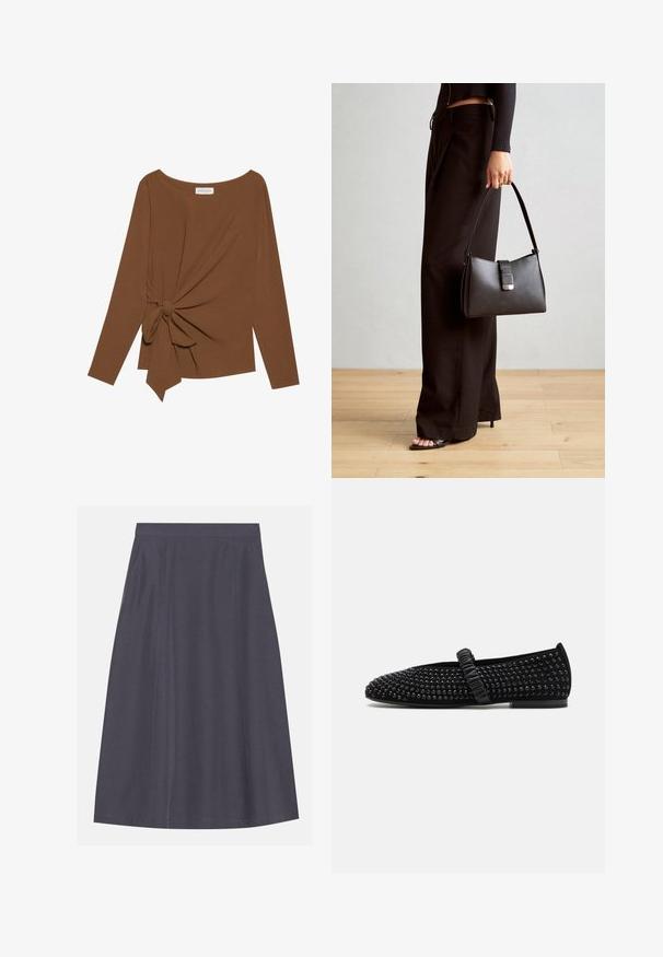 Barna, hosszú ujjú felső, széles nyakkivágással és az egyik oldalon csomó részlettel, puha, texturált anyagból készült.; A-vonalú, sötétszürke szoknya sima anyagból, oldalsó zsebekkel, tiszta derékrésszel és finom varrási részletekkel.; Fekete lapos cipők hegyes orral, fekete szegecsekkel díszítve a felsőrészen, a lábfej fölött rendezett pánttal. Gumitalp.; Fekete kézi táska strukturált formával, sima textúrával és fémből készült záródással. Széles fekete nadrággal és nyitott orrú szandállal párosítva, fából készült padlón.