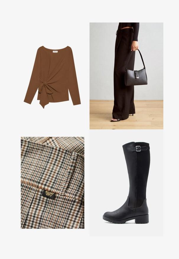 Bruine lange mouwen top met een brede halslijn en een knoopdetail aan één zijde, gemaakt van zachte, gestructureerde stof.; Bruin, grijs en zwart geruit stof met een gestructureerde afwerking. Inclusief een klein zwart label met "Superdry" in gouden letters.; Zwarte kniehoog laars met een glad leren voorkant, gaaspanelen en een lage blokhak met een riem en gespdetail.; Zwarte handtas met gestructureerde vorm, gladde textuur en een metalen sluiting. Gecombineerd met brede zwarte broeken en sandalen met open teen op een houten vloer.