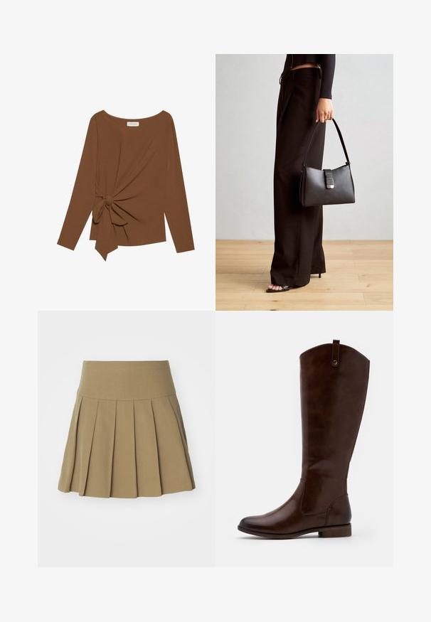Barna, hosszú ujjú felső, széles nyakkivágással és az egyik oldalon csomó részlettel, puha, texturált anyagból készült.; Khaki színű, pliszírozott szoknya, szűk derékpánttal, sima anyagból készült, éles kés pliszben, amelyek kiemelik a szoknya strukturált megjelenését.; Barna, térdig érő csizmák sima bőrből, lekerekített orral, alacsony, rakott sarokkal és diszkrét varrással az oldalán.; Fekete kézi táska strukturált formával, sima textúrával és fémből készült záródással. Széles fekete nadrággal és nyitott orrú szandállal párosítva, fából készült padlón.