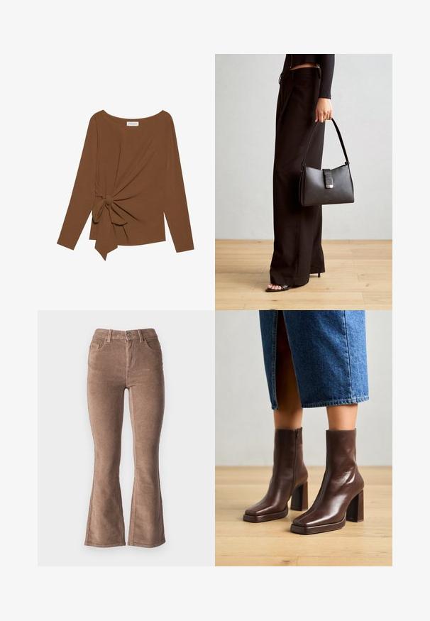 Maglia marrone a maniche lunghe con scollatura ampia e un dettaglio a nodo su un lato, realizzata in tessuto morbido e testurizzato.; Pantaloni a zampa d'elefante in corduroy marrone con una texture a coste, dotati di vita alta, cinque tasche e chiusura con bottone frontale.; Jeffrey Campbell MAXIMAL-L2 - Stivaletti con plateau - dark cognac; Borsa nera con forma strutturata, texture liscia e una chiusura metallica. Abbinata a pantaloni neri larghi e sandali open-toe su un pavimento in legno.
