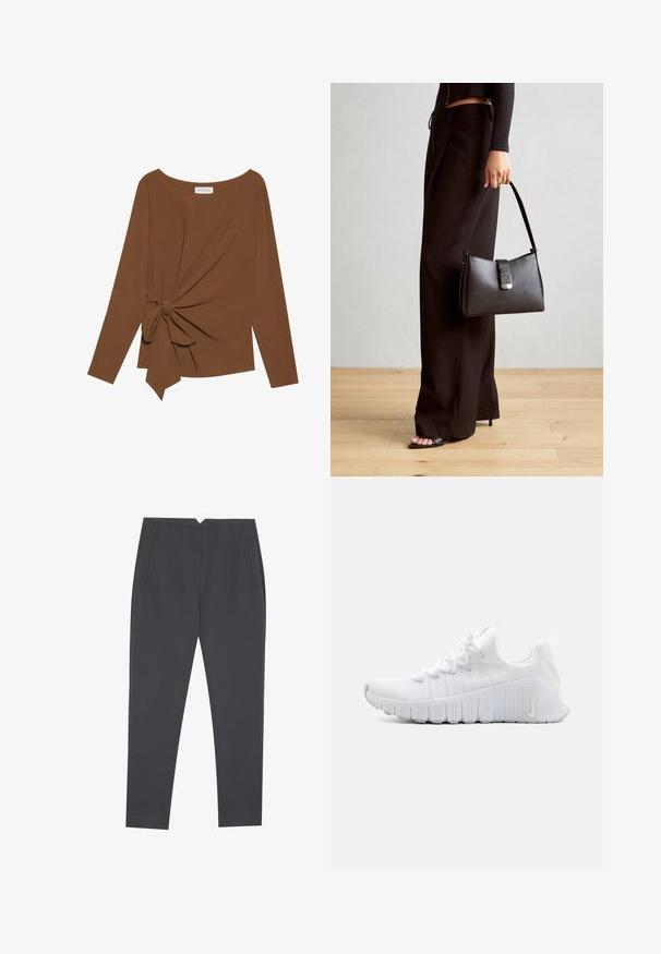 Barna, hosszú ujjú felső, széles nyakkivágással és az egyik oldalon csomó részlettel, puha, texturált anyagból készült.; Sötétszürke, oldalzsebbel és elülső redőkkel ellátott, tapered fazonú nadrág, testhezálló szabással.; Fehér sportcipő, textúrált felsőrésszel, lapos fűzőzáródással és kiemelkedő gumitalppal, amelyen függ вертикális barázdák találhatóak. Az oldalán logó van.; Fekete kézi táska strukturált formával, sima textúrával és fémből készült záródással. Széles fekete nadrággal és nyitott orrú szandállal párosítva, fából készült padlón.