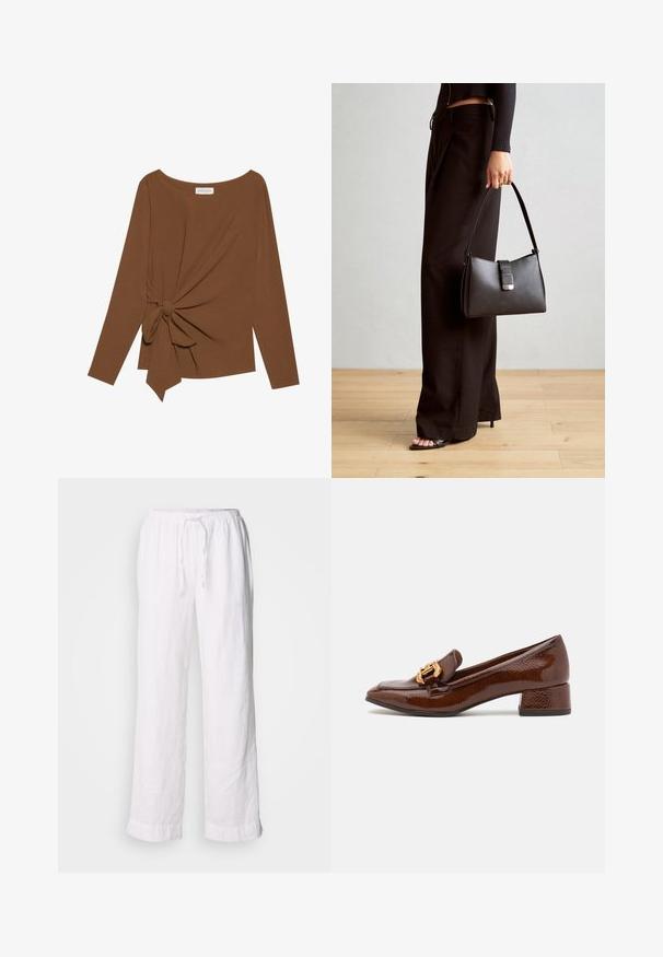 Ruda ilga rankovė viršutinė dalis su plačiu iškirpimu ir mazgo detale vienoje pusėje, pagaminta iš minkštos, tekstūruotos medžiagos.; Baltos lino kelnės su laisvu prsitvirtinimu, elastingu liemeniu ir virvele. Turi tiesias kojas ir sukurtus pakraščius, kad suteiktų atsipalaidavusį įvaizdį.; Rudos odinės loafer'iai su blizgiu paviršiumi, dėlionis auksinis užsegimas priekyje ir žemas blokinis kulnas. Klasikinis dizainas.; Juodas rankinė struktūrizuota forma, lygi tekstūra ir metalinis užsegimas. Suporuota su plačiomis juodomis kelnėmis ir atvirais bateliais ant medinių grindų.