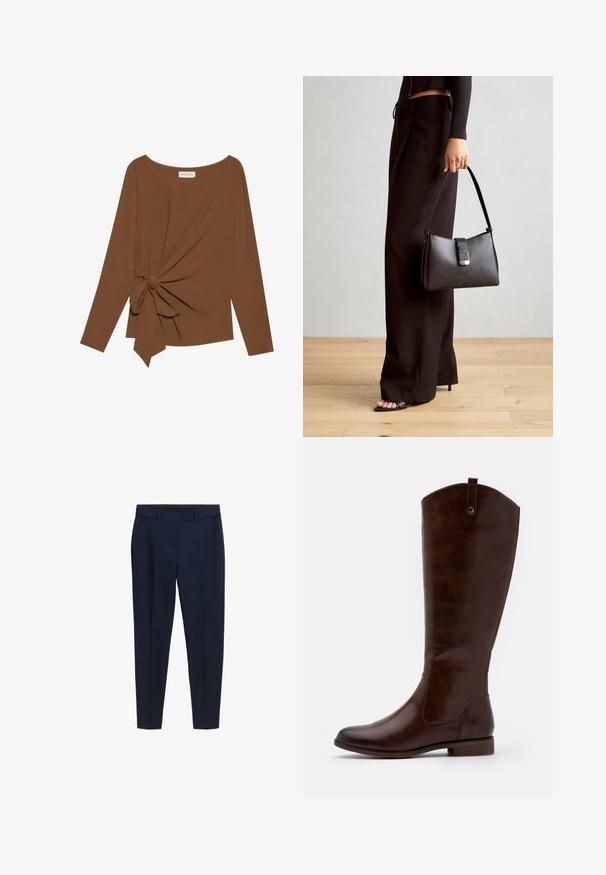 Rjava dolgosleeve majica z širokim izrezom in vozlom na eni strani, izdelana iz mehkega, teksturiranega blaga.; Mornarško modri skrčeni hlače z zankami za pas, stranskimi žepi in sprednjim pregibom, zasnovane za ožji kroj.; Rjave škornje do kolen, izdelane iz gladkega usnja, z zaobljenim nosom, nizkim naloženim peto in diskretnim šivanim vzorcem ob straneh.; Črna torbica z strukturirano obliko, gladko teksturo in kovinskim zaponko. Ujemajo se z širokimi črnimi hlačami in odprtimi sandali na lesenem tleh.