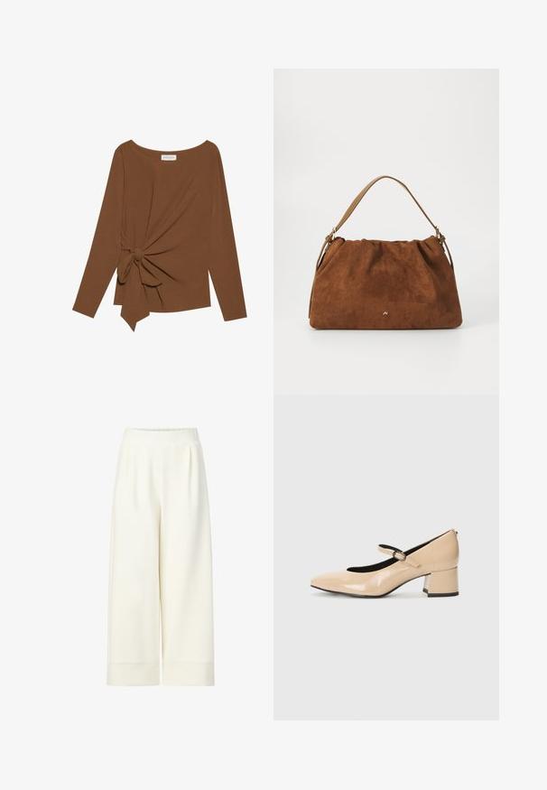 Pruuni pikad varrukad ja laia kaelusega topp, millel on ühe külje sõlmekaunistus, valmistatud pehmest ja tekstuuriga kangast.; Valged laiad lõhiku püksid elastse vöökohaga, sileda tekstuuriga ja peente voldikutega ees, mille allääres on õmmeldud servad.; Beežist patentnahast Mary Jane kingad, millel on vale varvas, pandla rihm ja keskmise kõrgusega plokkkonts. Sile tekstuur läikiva viimistlusega.; Pruun nubukist käekott, millel on kokku tõmmatud disain, ühesaanvärvilise naha rihmaga ja esiküljel peen kuldne logo detail.