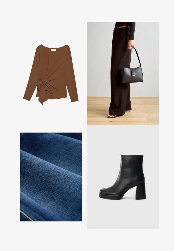 Ruda ilga rankovė viršutinė dalis su plačiu iškirpimu ir mazgo detale vienoje pusėje, pagaminta iš minkštos, tekstūruotos medžiagos.; Tamsiai mėlyna džinsinė medžiaga su lygiu paviršiumi, matoma austine ir švelniu elastingumu. Išryškintos silpnos siūlės palei kraštus.; Juodas odinis kulkšninis botas su bloku ir platformos padu, matomas šoniniu vaizdu ant balto fono.; Juodas rankinė struktūrizuota forma, lygi tekstūra ir metalinis užsegimas. Suporuota su plačiomis juodomis kelnėmis ir atvirais bateliais ant medinių grindų.