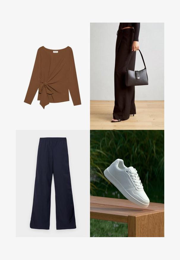 Hnedý dlhý rukáv top s širokým výstrihom a uzlom na jednej strane, vyrobený z mäkkej textúrovanej látky.; Široké nohavice v tmavomodrej farbe, vyrobené z ľahkého materiálu s hladkou textúrou a elastickým pásom pre pohodlie.; Biele tenisky s hladkým syntetickým zvrškom, perforovanou špičkou, plochými šnúrkami a textúrovanou podrážkou, vystavené na drevenej ploche.; Čierna kabelka so štruktúrovaným tvarom, hladkou textúrou a kovovou sponou. V kombinácii so širokými čiernymi nohavicami a sandálmi s otvorenou špičkou na drevenej podlahe.